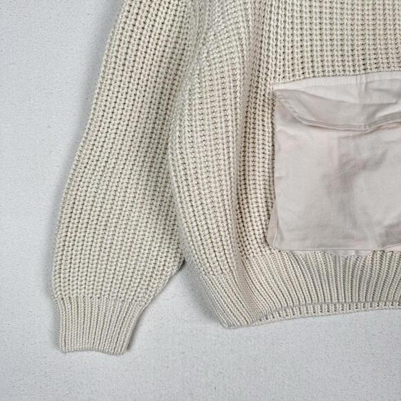 Mango Women’s XS Cropped Hooded Cable Knit Patchwork Sweater Cream Front Pocket - Picture 5 of 9